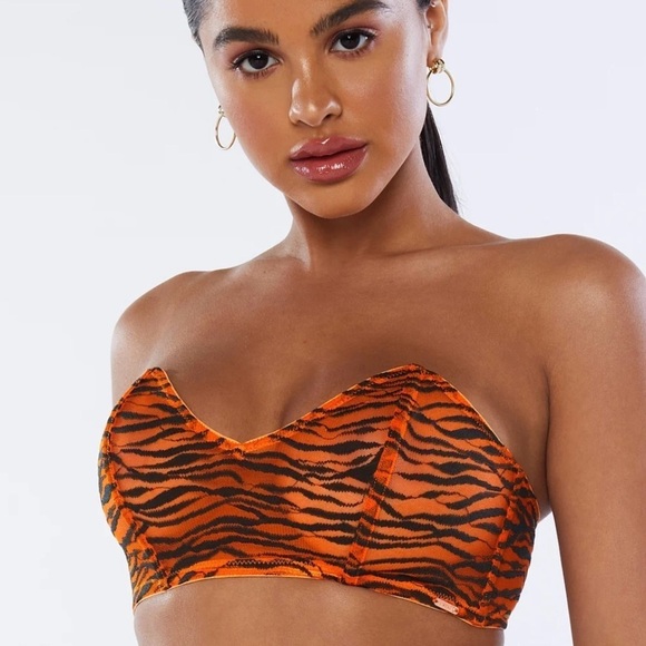 SAVAGE X FENTY All Over Me Lace Bandeau Bralette Tiger Stripe Lace Orange Ginger - Picture 4 of 14